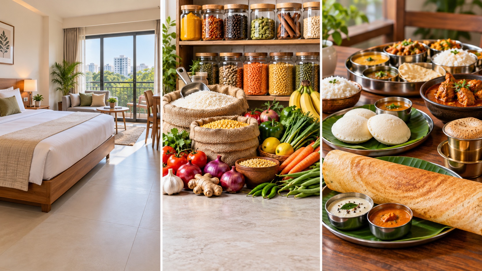 Illustration of an apartment stay, Indian groceries and Indian restaurant dishes